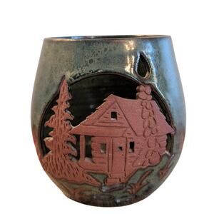 Signed RM Pottery Luminary Candle Holder Green W/ Brown Cut Out Cabincore Design